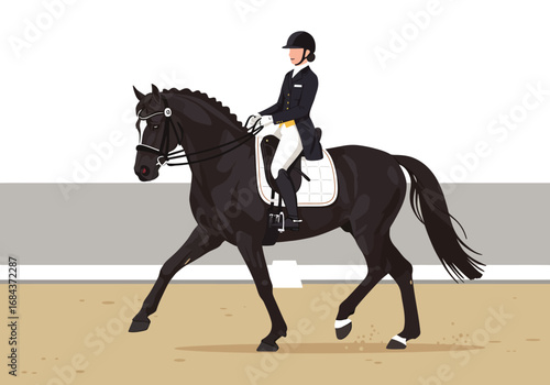A dressage rider in formal attire on a dark horse performing a trot within an arena