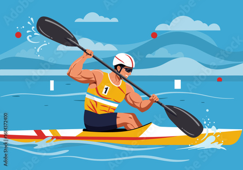 A rower in a yellow and white boat paddles on the water wearing a helmet and sunglasses