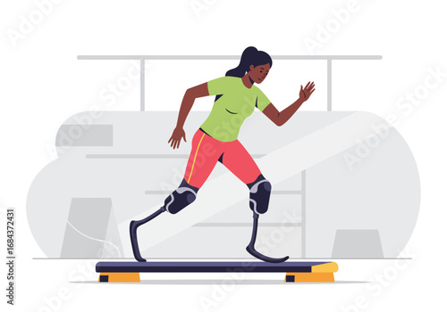 A woman with prosthetic legs exercises on a step platform in a stylized indoor setting