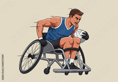 Animated wheelchair rugby player focused  holding ball appears in motion against neutral background