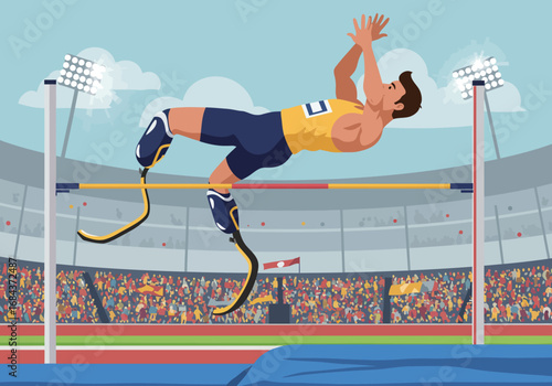 Athlete with prosthetics clears high jump bar in stadium under bright lights