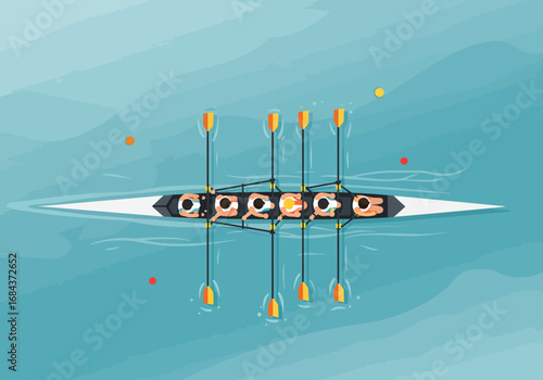 Rowboat with eight rowers seen from above in a bluegreen body of water