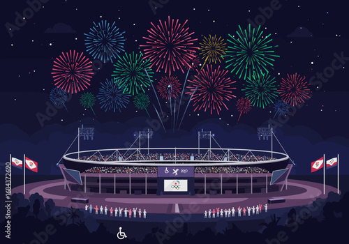 Stadium under fireworks packed with spectators flags waving and a crowd of people in front