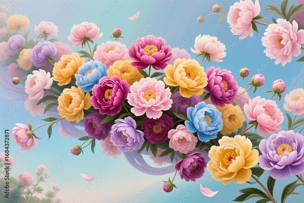 Fototapeta premium A surreal artwork of colorful peonies cascading outward gracefully under spring sky
