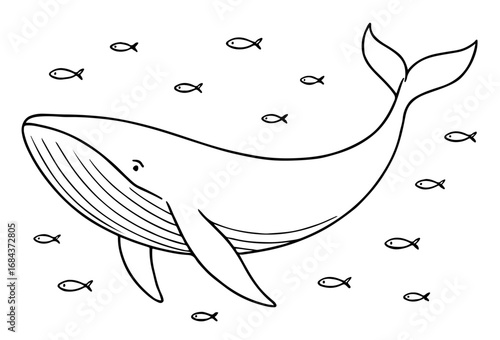 Outline of a giant blue whale swimming gracefully with tiny fish around it, clean black-and-white line art for coloring page