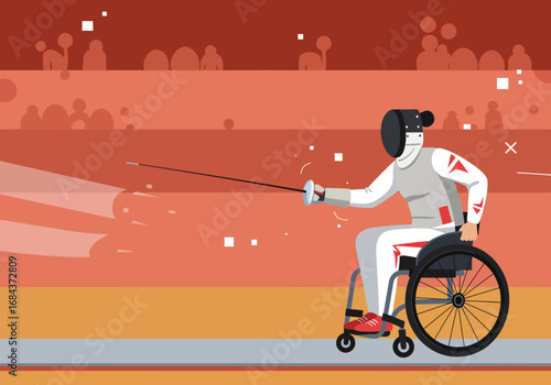 Wheelchair fencer thrusts a foil donning protective gear set against a background of abstract spectators and muted tones