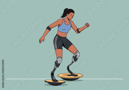 Woman with prosthetic legs balances on wobble boards wearing workout clothes