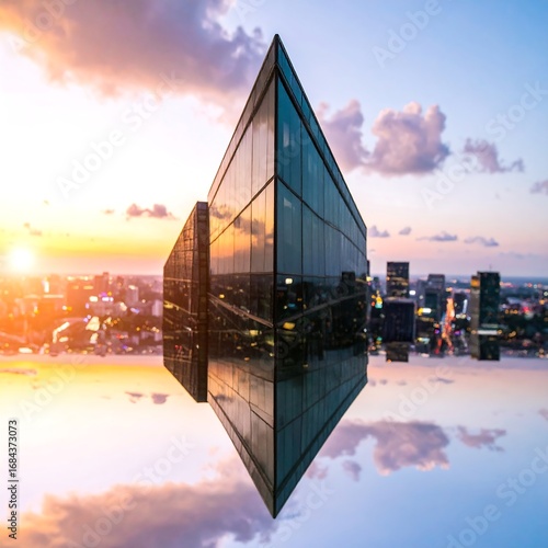 Modern skyscraper at sunset, reflected in water
