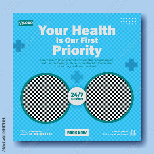 Modern dental clinic social media post featuring digital x rays and health priority message