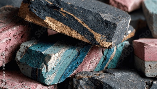 A close-up of a pile of colorful, rough-textured stone fragments