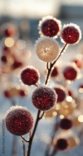 Frosty, decorative berries on a branch, backlit by sunlight