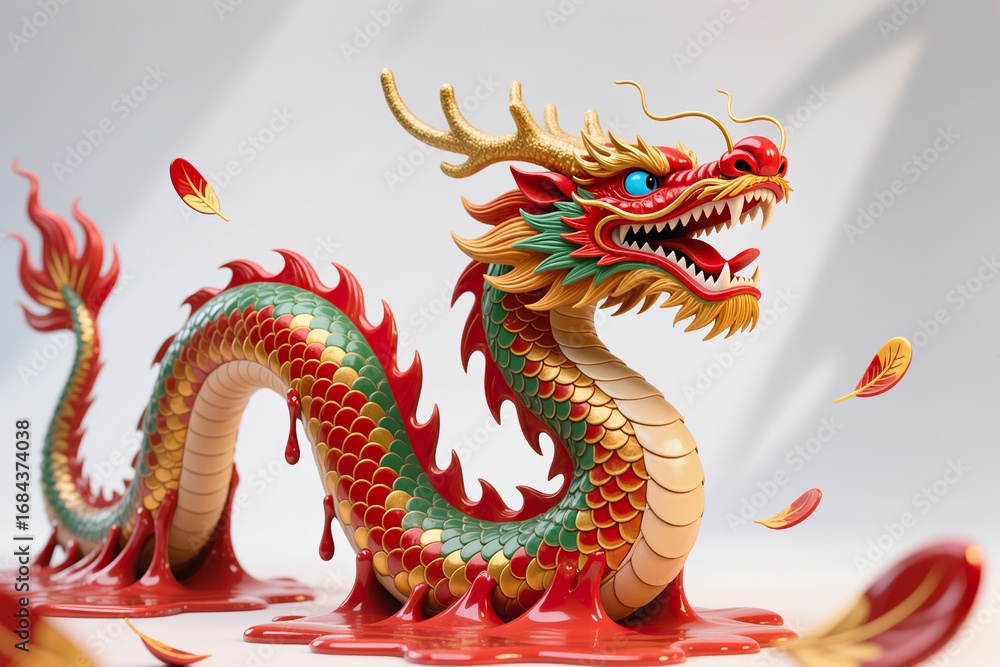 Fototapeta premium A surreal, simple 3d artwork of a Chinese New Year dragon, vibrant scales spilling outside edges with minimal design