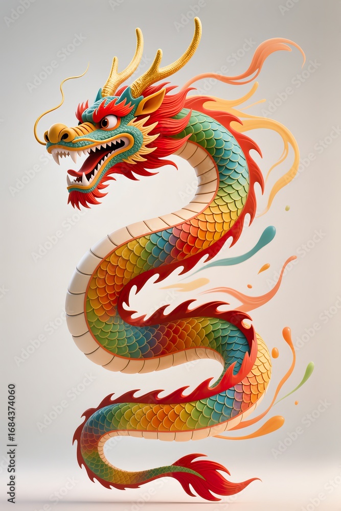 Obraz premium A surreal, simple 3d artwork of a Chinese New Year dragon, vibrant scales spilling outside edges with minimal design