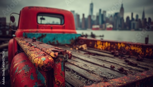 Rusted vintage truck bed, city skyline backdrop