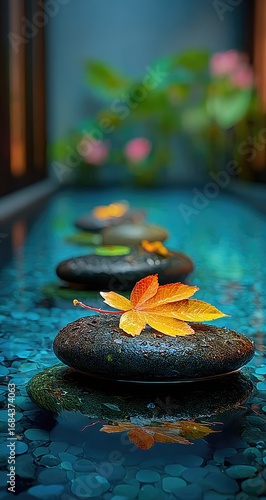 Serene autumn leaf atop smooth stones in tranquil water