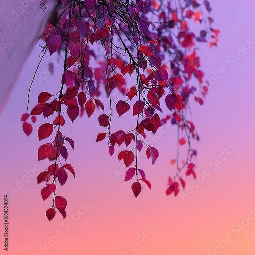 Reddish-purple leaves hang against a soft pink and orange sunset