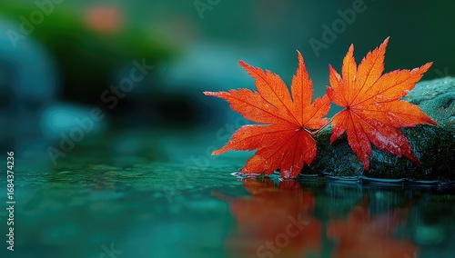 Two vibrant red maple leaves rest on a dark stone, partially submerged in a tranquil stream