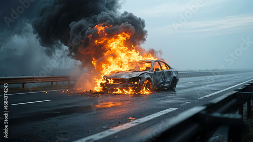 A dramatic image of a car engulfed in flames on a wet highway. Thick black smoke rises against a moody sky, highlighting the intensity of the scene.