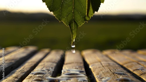 Macro shot of water droplets falling from a leaf onto wooden surface in nature