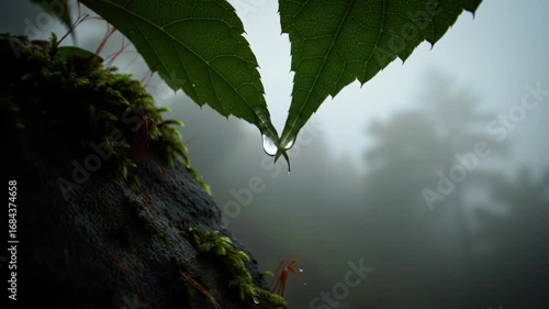 Macro shot of water droplets hanging from vibrant green leaves in a foggy forest environment
