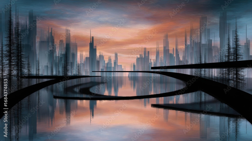 Fototapeta premium Serene twilight over a futuristic cityscape reflecting in a tranquil river with silhouetted trees