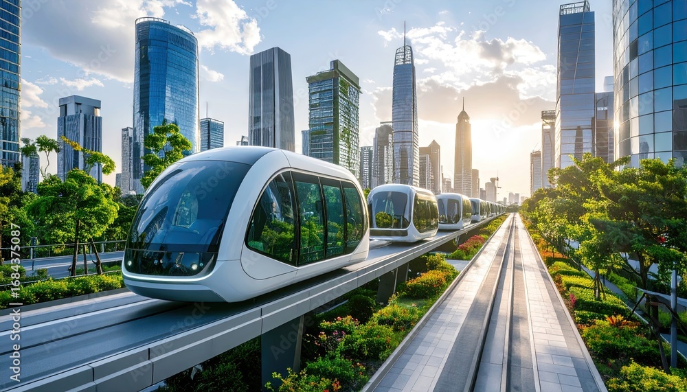 Naklejka premium Automated Transit System in Modern City at Sunset