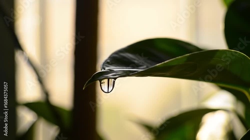 Macro video of a vibrant green leaf with a single water droplet clinging to its edge, captured in