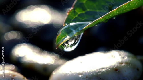 Macro view of water droplets clinging to a green leaf, capturing nature's essence