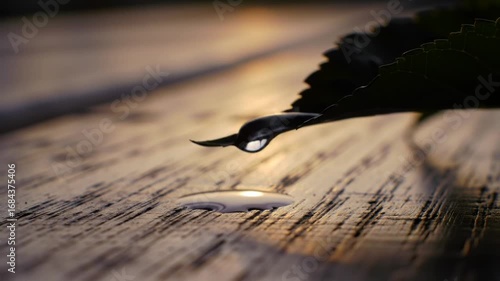 Macro Water Drop Falling from Leaf Tip Time Lapse on Wooden Surface Beauty