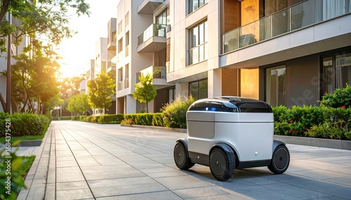 Autonomous Delivery Robot Navigating Residential Street at Sunset