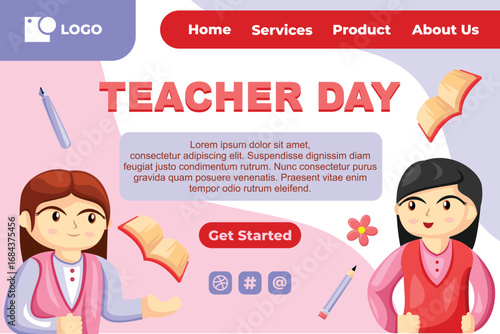 Teacher Day with Bright Cute Cartoon People, Stationery Element for Web Banner Background