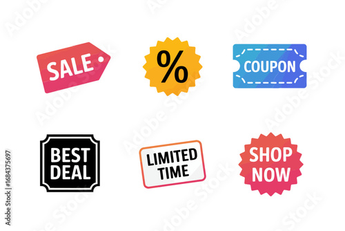 Special offer and promotion label icons with sale design, coupon and discount illustration, limited time and shop now graphics, e commerce vector set