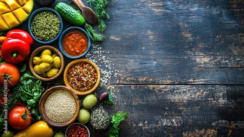 Assorted colorful spices and vegetables on dark wooden table
