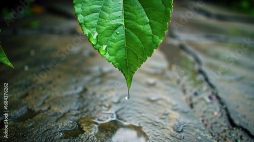 Raindrops falling from green leaf onto stone surface, nature background, macro shot, 4k footage