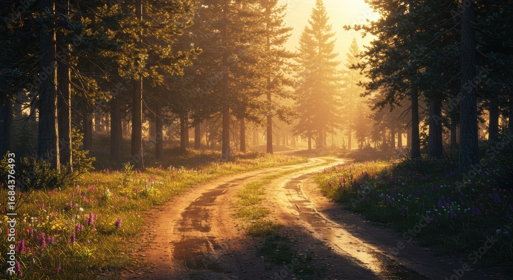 Obraz premium Winding Forest Road at Sunrise: Golden Light and Serene Landscape