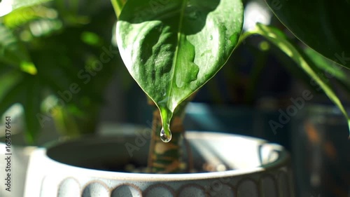 Time-lapse of a raindrop falling from the leaf of a plant, showcasing natures beauty and