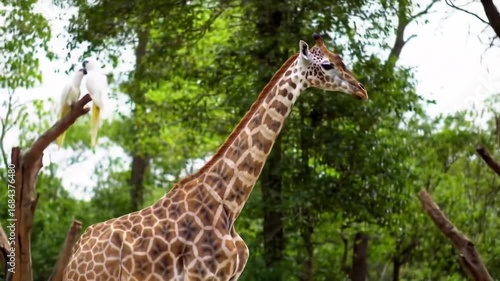 Giraffe and Bird Together in Natural Habitat Close-Up View