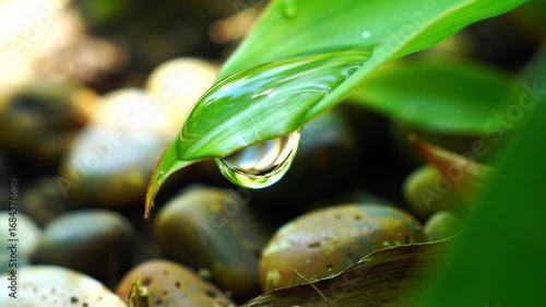 Water drop clinging to a green leaf after the rain reflecting pebbles below nature's beauty