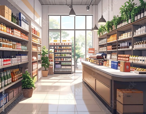 Bright and Airy Organic Grocery Store Interior with Sunlight Streaming Through Large Window