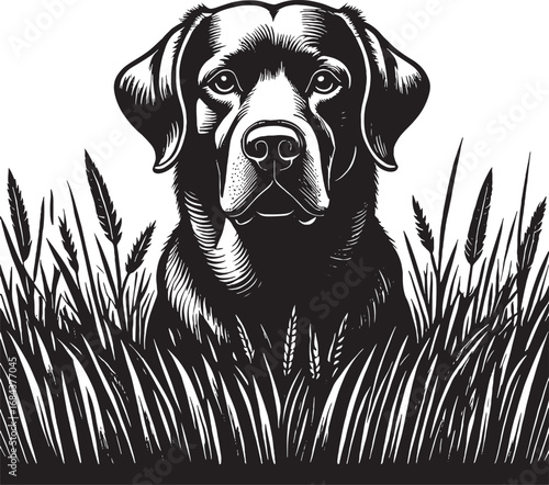 Majestic Labrador Retriever Portrait in Black and White Grassy Field Illustration Digital Art Print Pet Lover Gift Idea