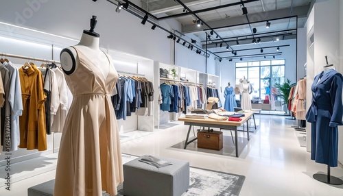 Bright Modern Clothing Boutique Interior with Mannequins and Apparel Displays