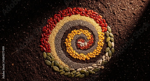 Colorful spiral made from a variety of healthy seeds and grains on rich dark soil