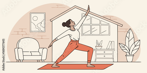 Holographic AI yoga instructor in home studio cozy environment vector illustration