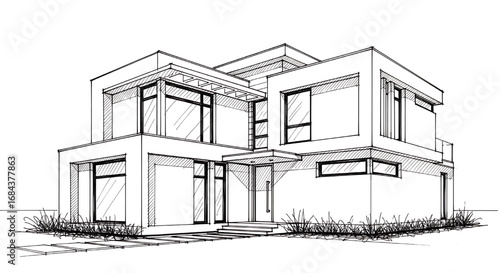 A detailed black and white architectural sketch of a modern two-story house with a flat roof and large windows.