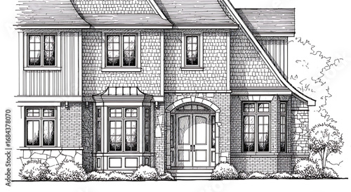 A hand-drawn sketch of a traditional American suburban house with a detailed facade and gabled roof.