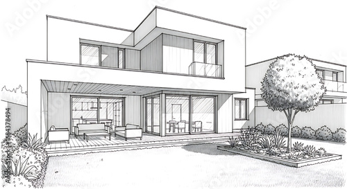 A simple and clean architectural line drawing of a modern minimalist house with a flat roof design.