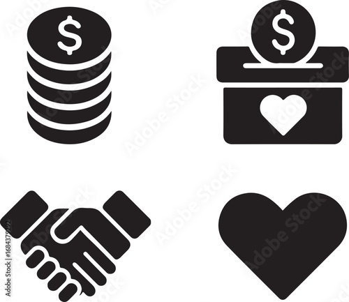 Fundraising and Charity Icon Set. Coins, Donation Box, Handshake, and Heart, Glyph Vector Symbols.