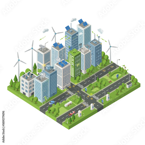 Modern Cityscape Powered by Solar and Wind Energy