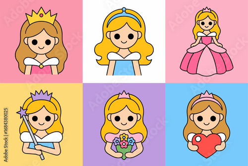 Cute princess and fairy tale illustration with cartoon girl design, royal crown and dress graphics, female character and magical art, fantasy vector set