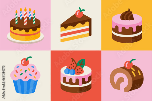 Birthday cake and sweet dessert illustration with bakery design, cupcake and pastry graphics, celebration food and delicious art, confectionery vector set